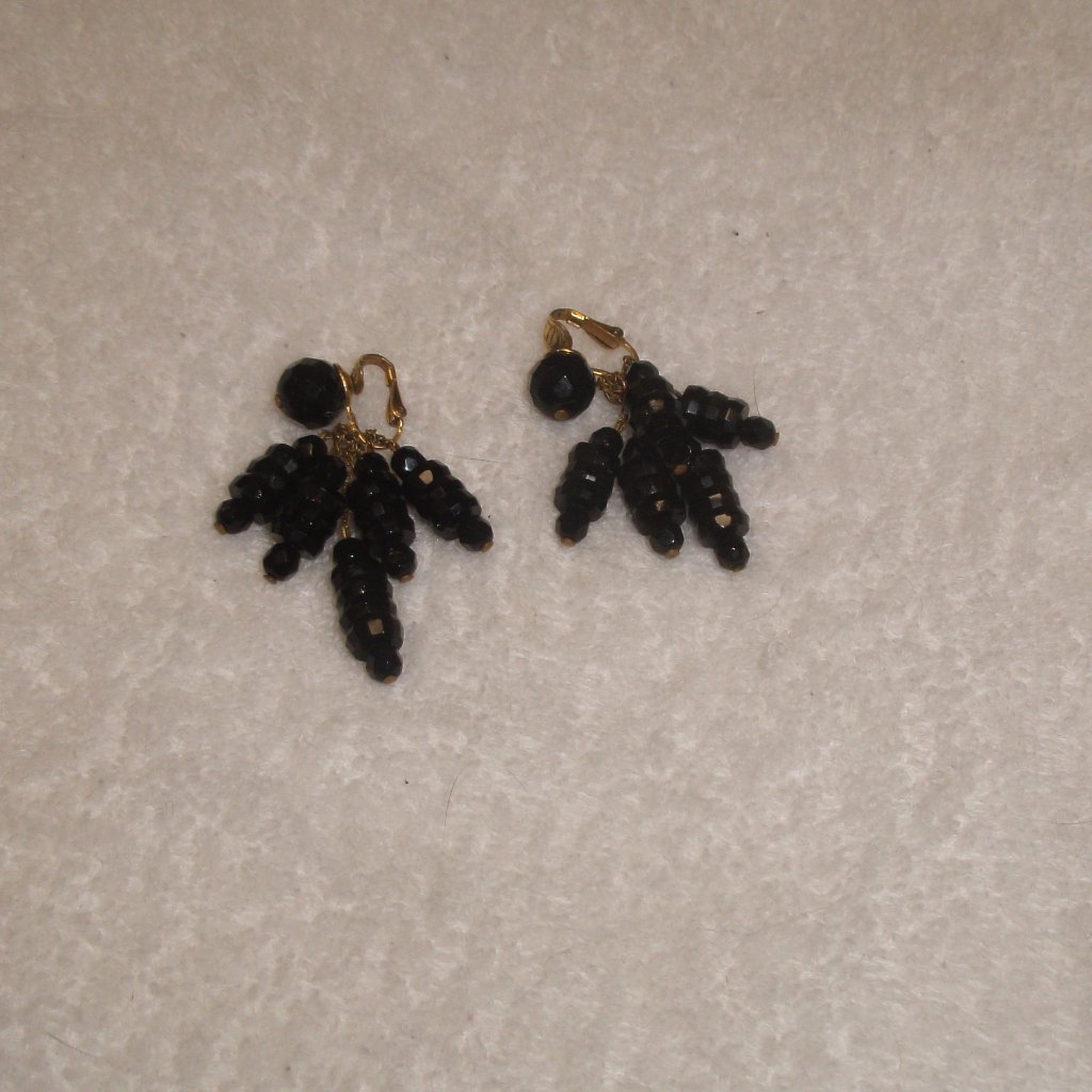 Vogue Clip On Earrings Gold Tone Black Glass Dangles